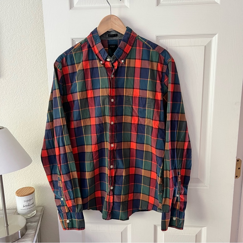 J. Crew Tartan Slim Size Large Plaid Button Down Long Sleeve Shirt Orange Green